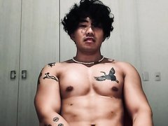 Hot tatted asian hunk kiss biceps and jerk off cum