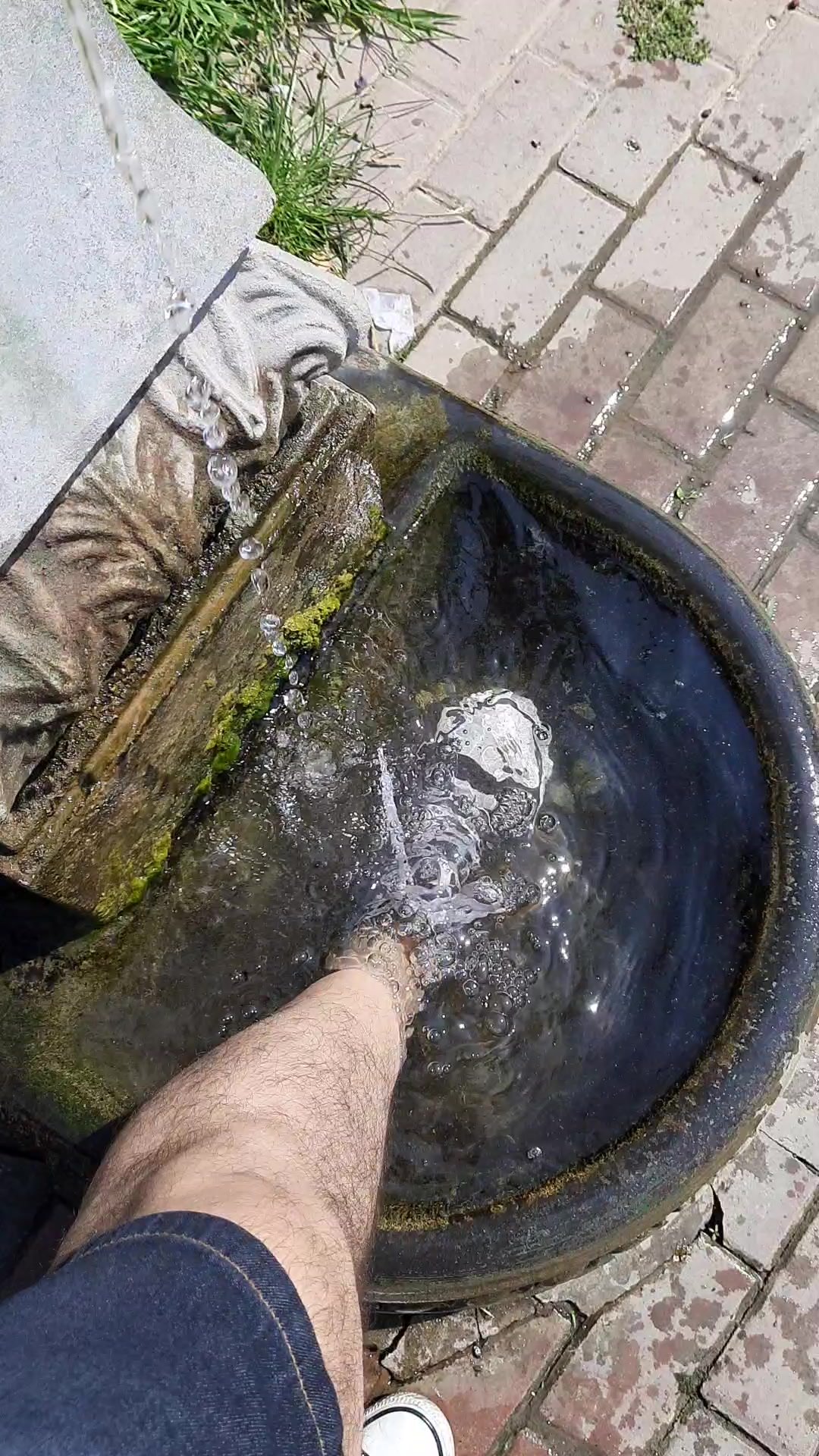 Blue Converse soaked in a fountain