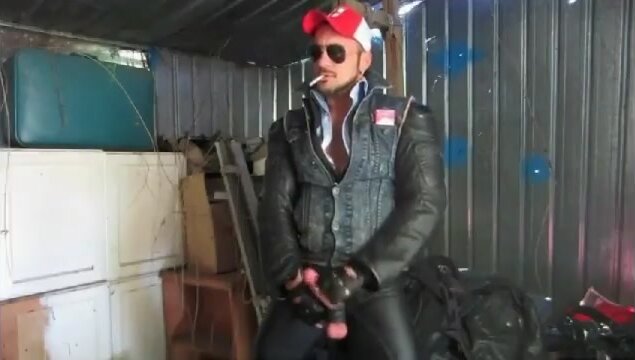 Leather biker smoke and cum