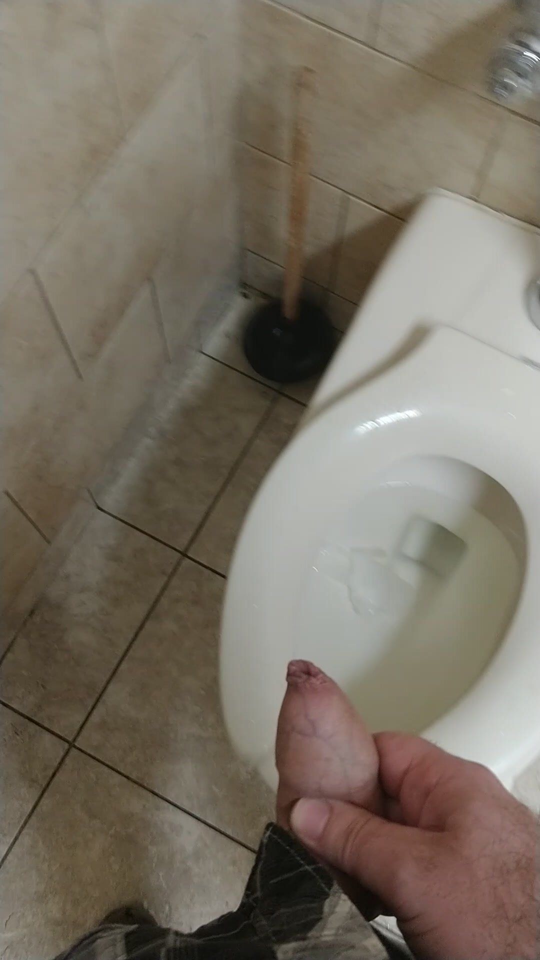 Messy toilet piss, soaking plunger and railing