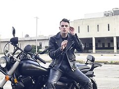 Hot Sexy Guy in Leather Jacket Smoking