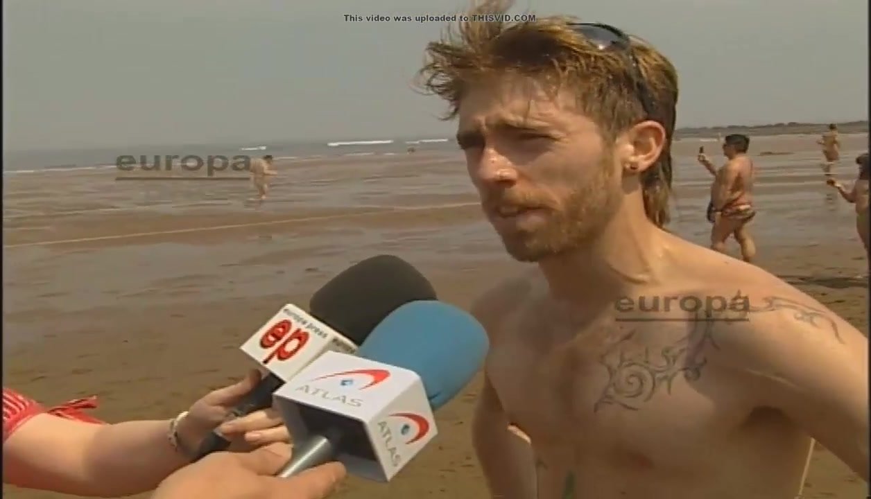 Hot guys being interviewed naked at the beach