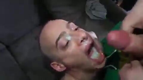bukkake: guys cumming in fag's mouth
