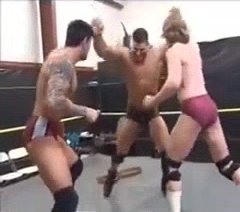Dirty moves against a bodybuilder wrestler
