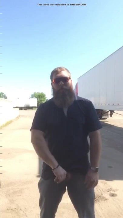 Ginger truck driver shoots a load in truckyard
