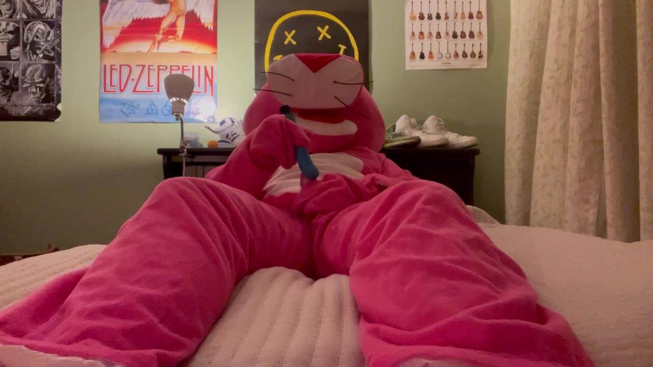 Pink Panther Mascot Vibrates and Cums Hands-Free