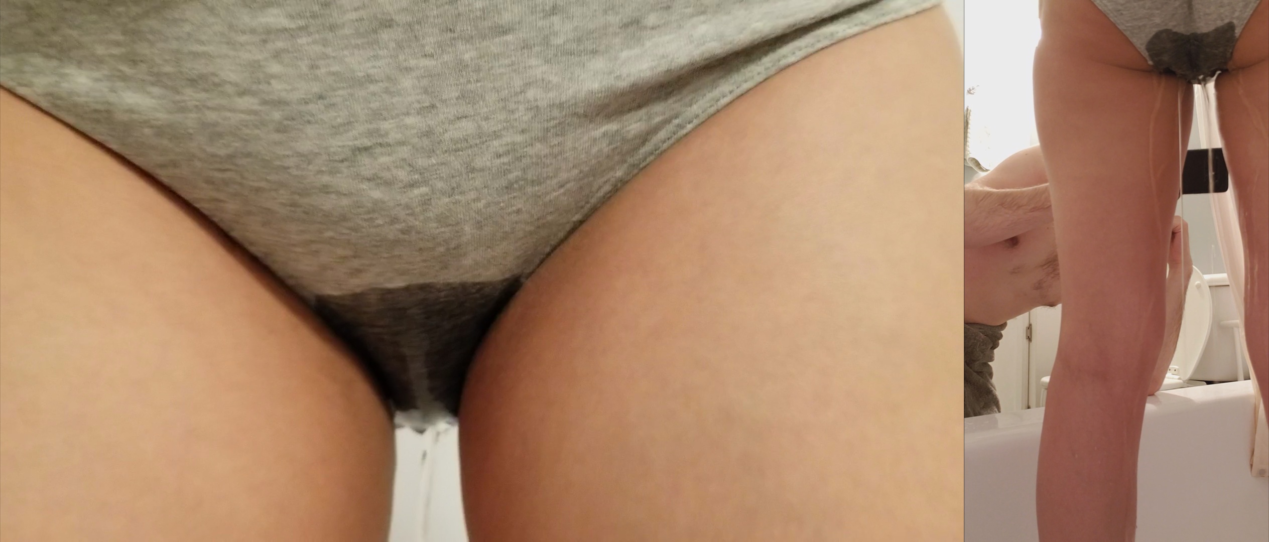Wife held it as long as possible but ended up wetting her grey panties