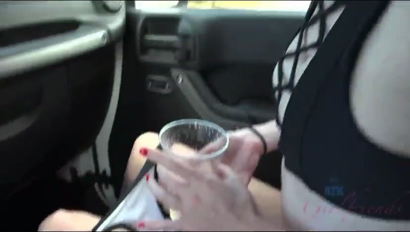 Cute girl fills 2 cups with her piss in bfs jeep