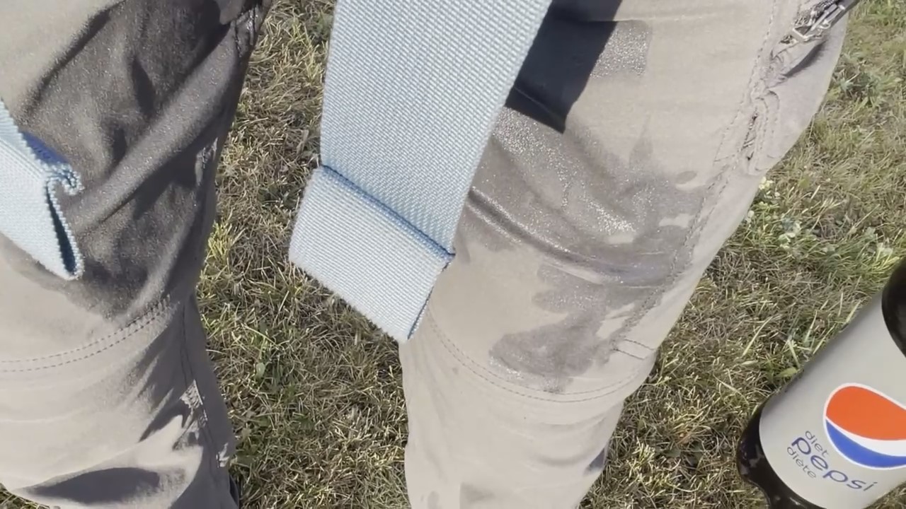 Wetting my nylon cargo pants on a long walk.