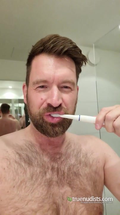 Handsome Hairy Dad Brushing His Teeth and Getting Hard