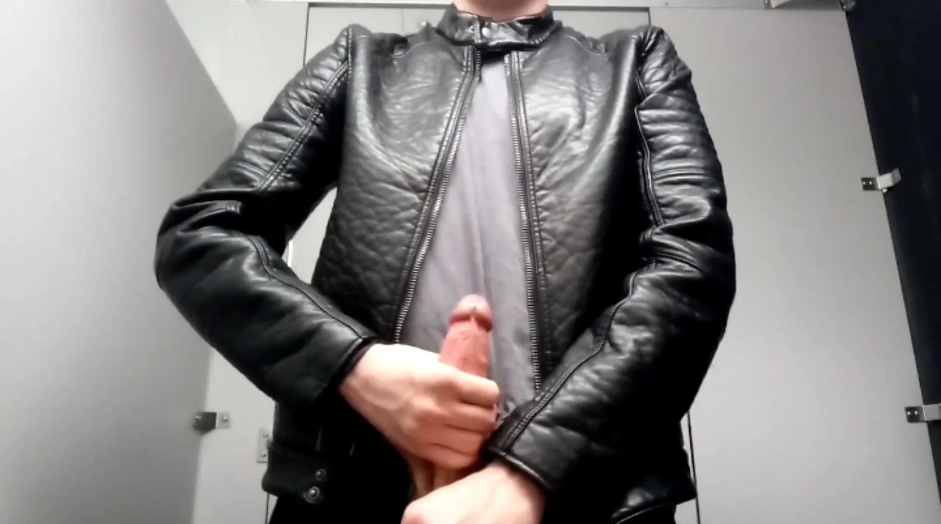 Jacket Off - Quick Jerk Off in my Leather Jacket in Dorm Restroom - ThisVid.com