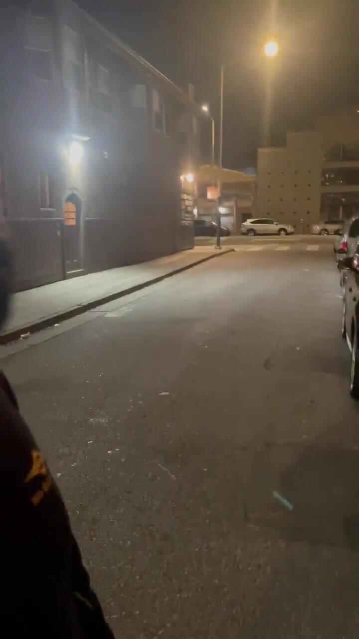 exhibitionist jerking off at night on a city street