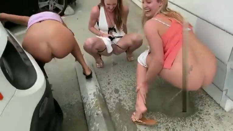 3 cute girls pee outside for male friend filming