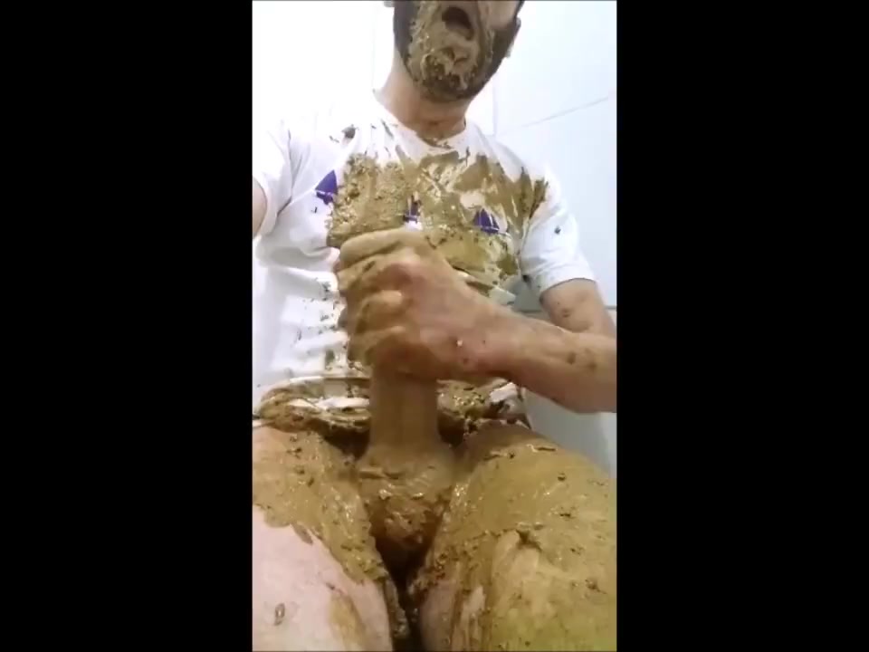 Wanking and cumming covered in shit