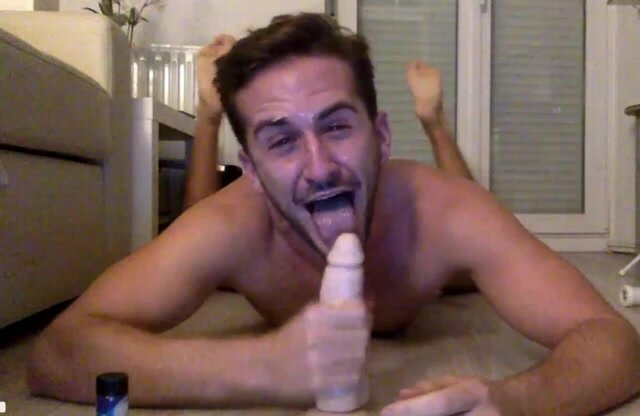 My little gooning sub gags on his favorite dildo