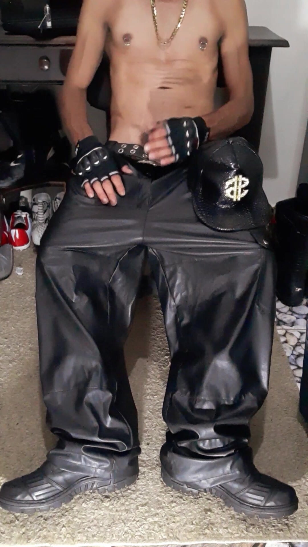 Scally leather boy baggy leather smoking, sneakers