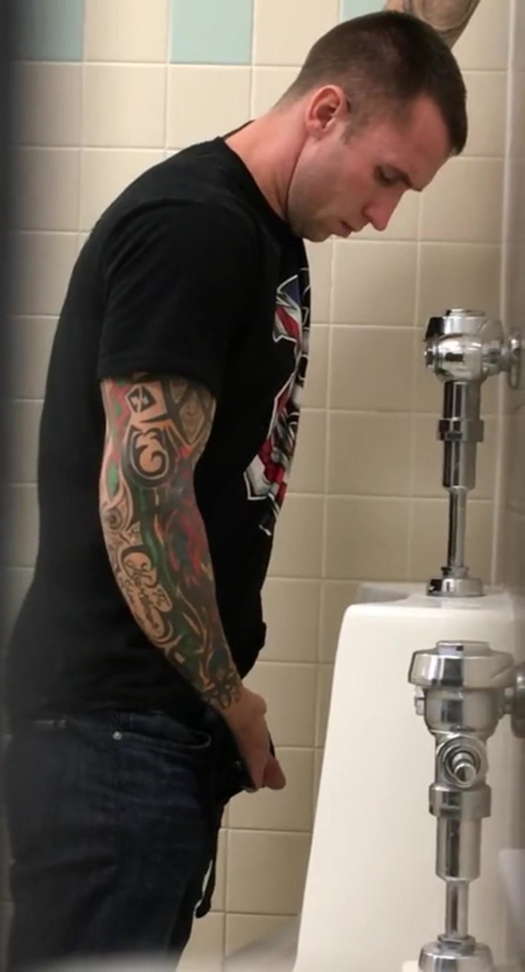 Hot pissing urinal tattoo lad