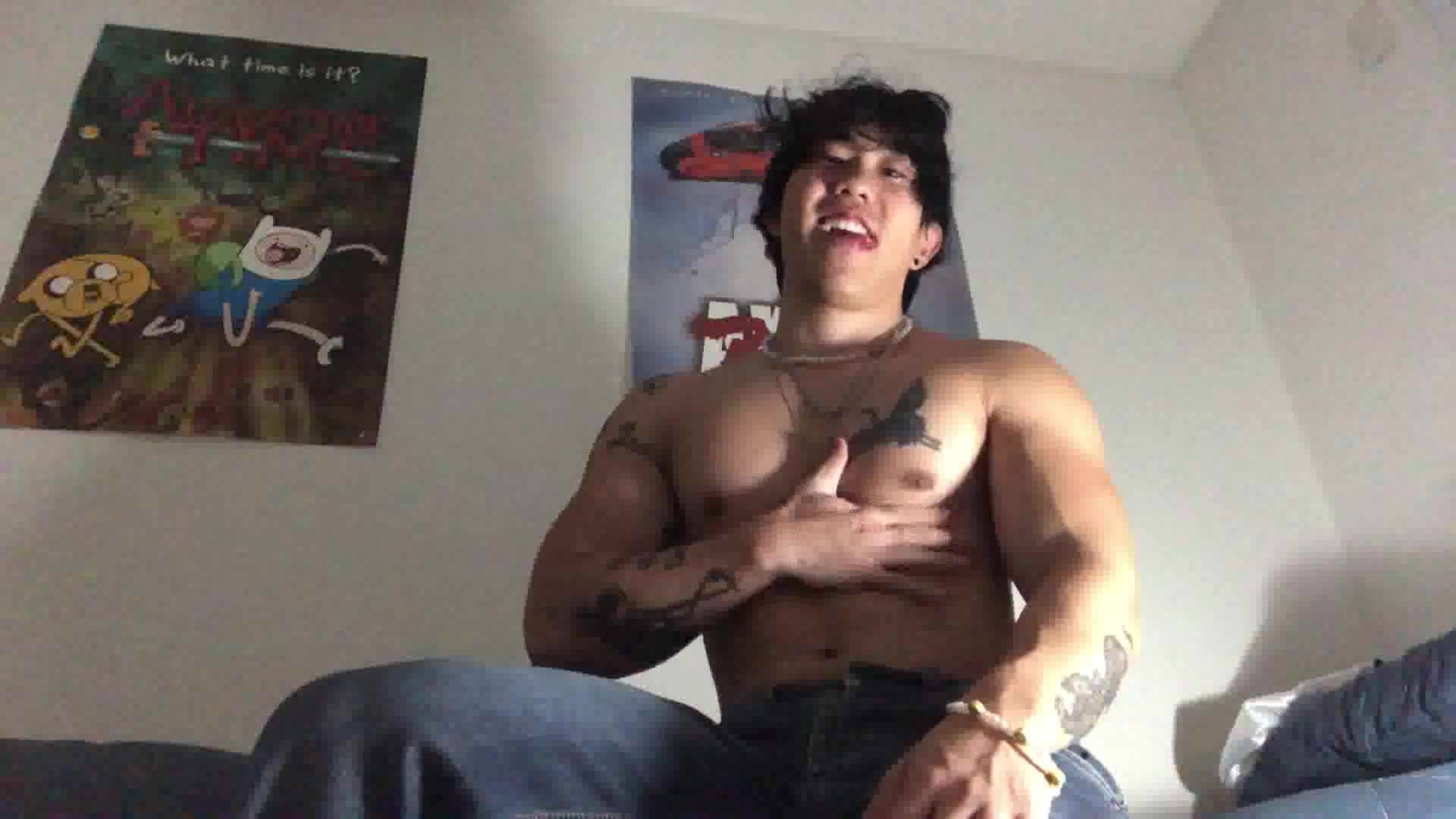 asian jock solo flexing and massaging muscles and cum