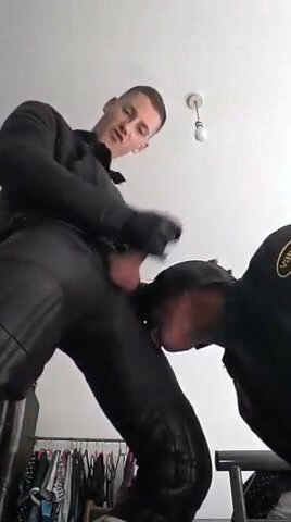 Sucking and cumming in leather