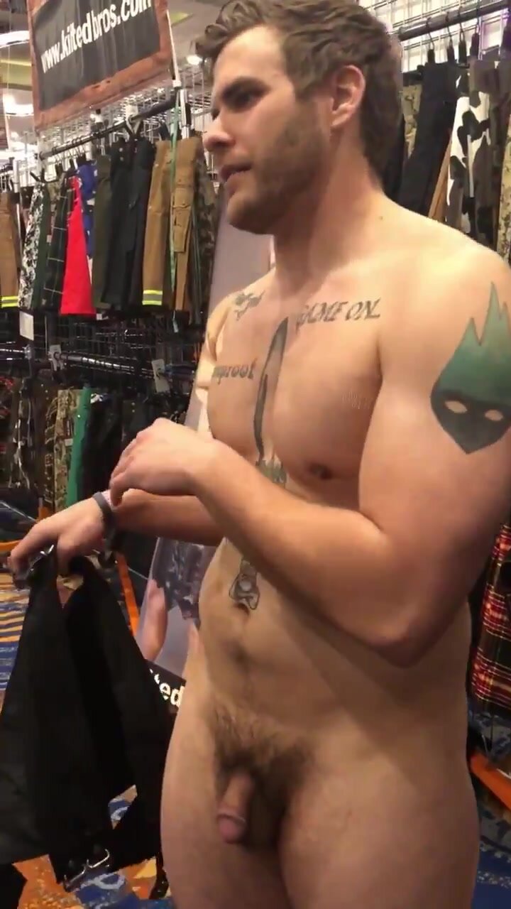 CFNM, CMNM, PUBLIC Naked in a kilt store