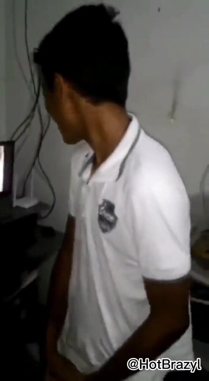 Brasilian twink jerking thick cock in front of friend