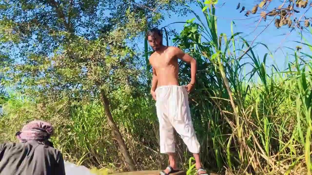 Pakistani desi slim guy almost naked bathing village