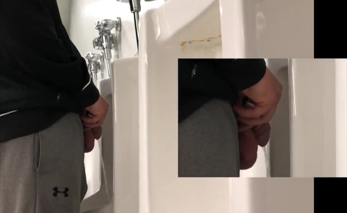white dad with huge nuts pissing at urinal