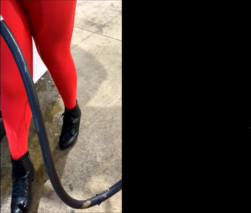Peeing red pants at gas station