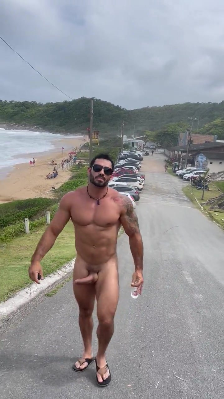 Young guys walking naked in public with a boner