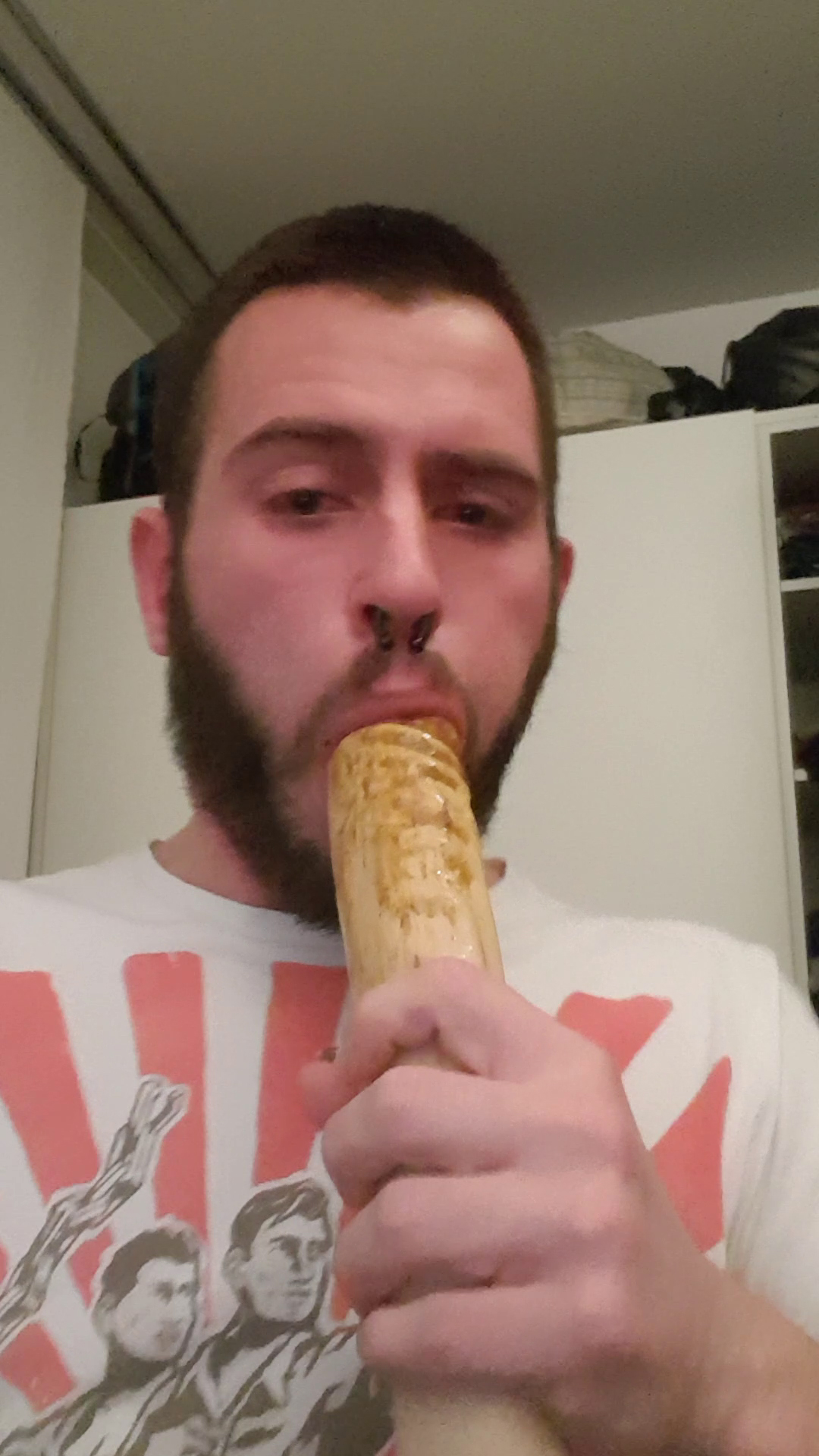 Deepthroating and gagging on a big dildo with my own shit