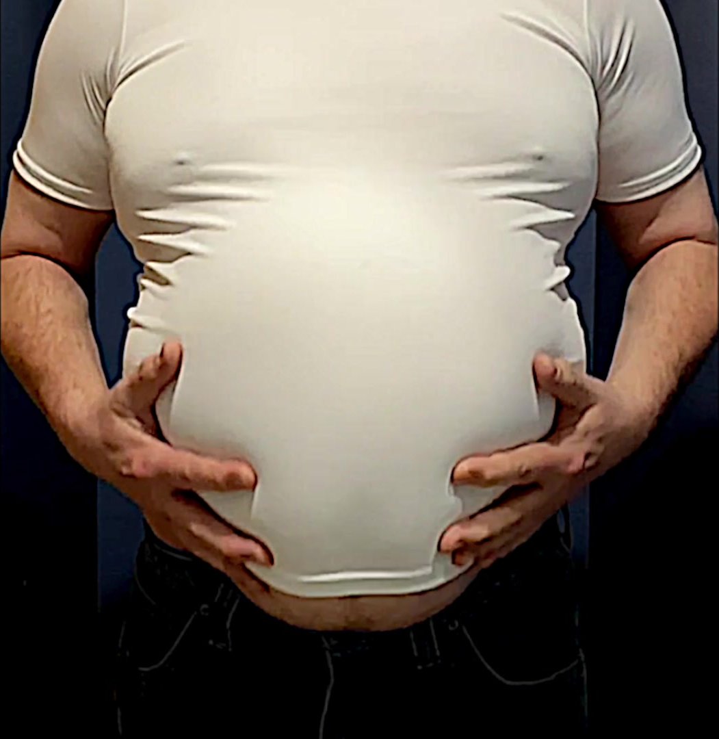 small T-shirt over big dad belly
