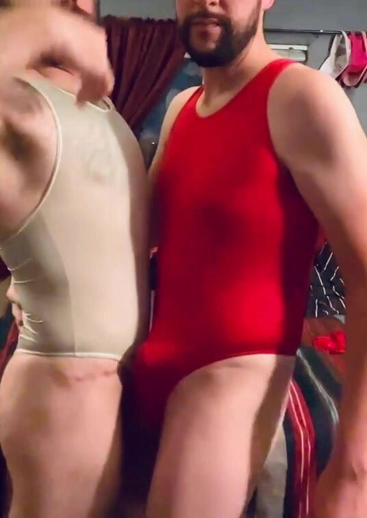 Straight guy and gay frot bulges in thong leotards