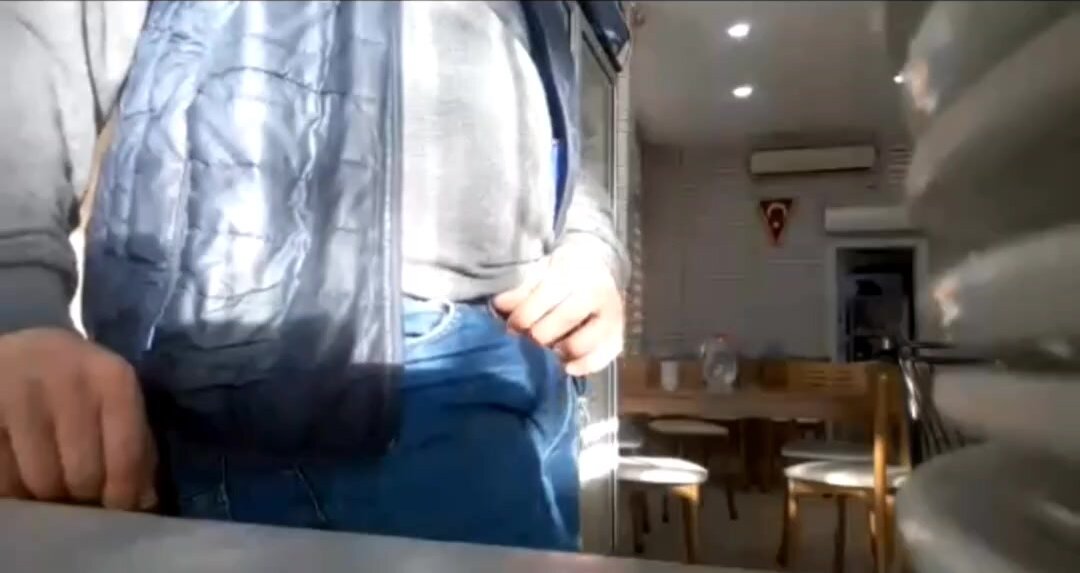 str8 turk daddy take out cock in an empty public cafe