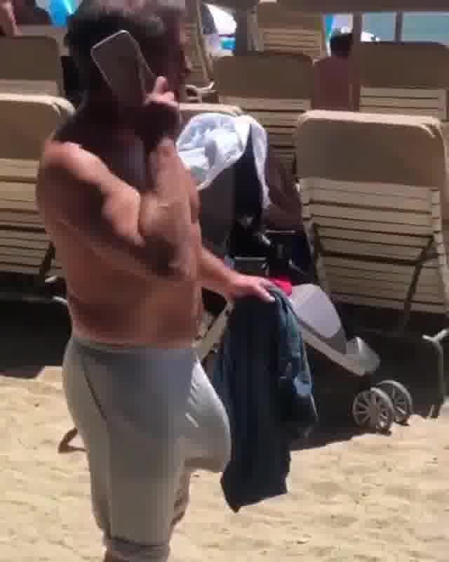 Str8 dad with massive dick bulge on the beach