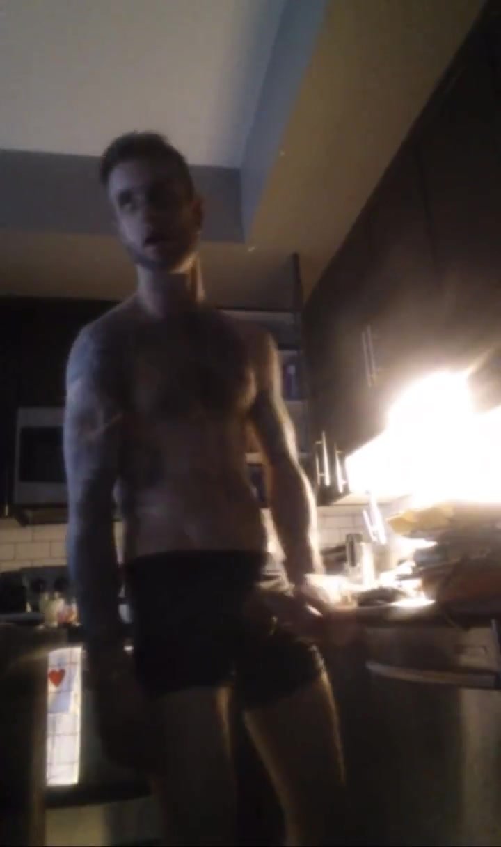Tattooed Guy Wanks In Kitchen
