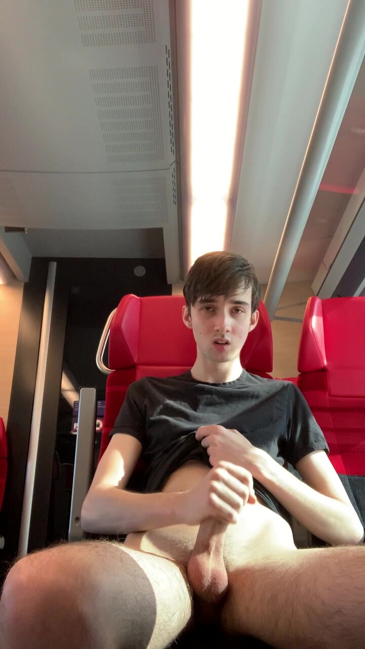 skinny teen boy busts a nut on the train
