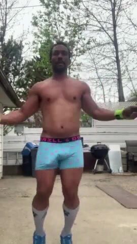 Black hunk big dick bulge exercising outdoors