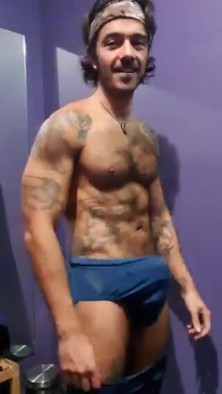 Hairy Guy with major tenting in briefs