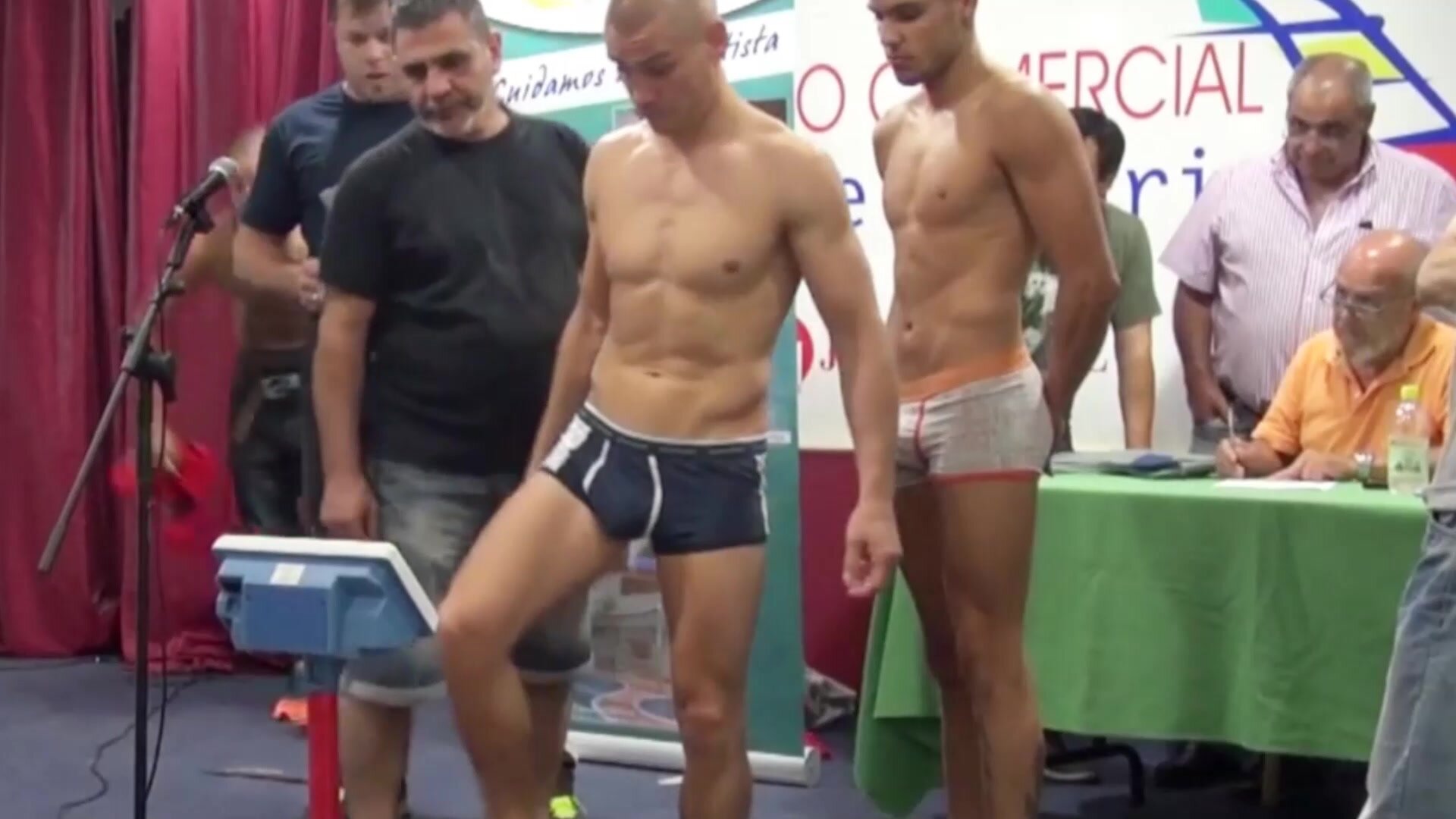 bulging in boxerbriefs at weigh in - blue and white