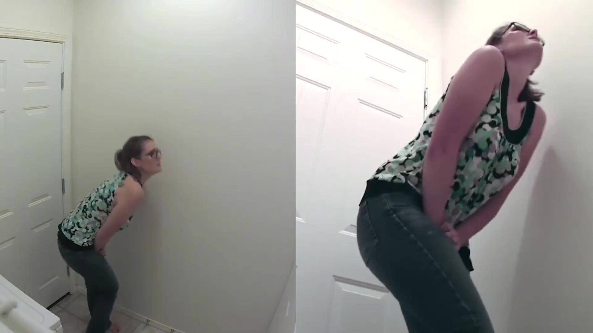 Girl locked in hallway, pisses her jeans