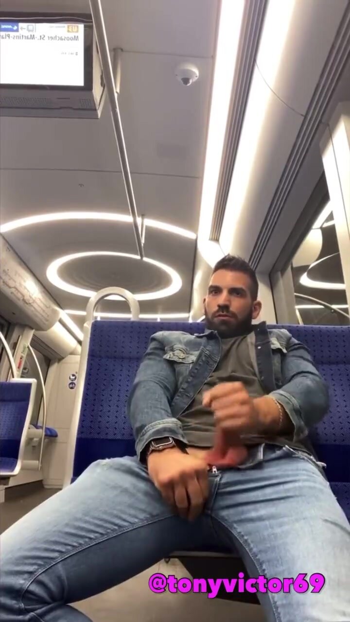 Handsome man cums in public transport
