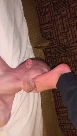 Sub swallows my toes and my cock