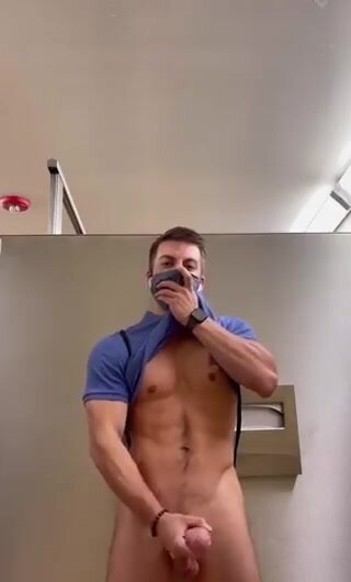 Gym bro strokes in the washroom