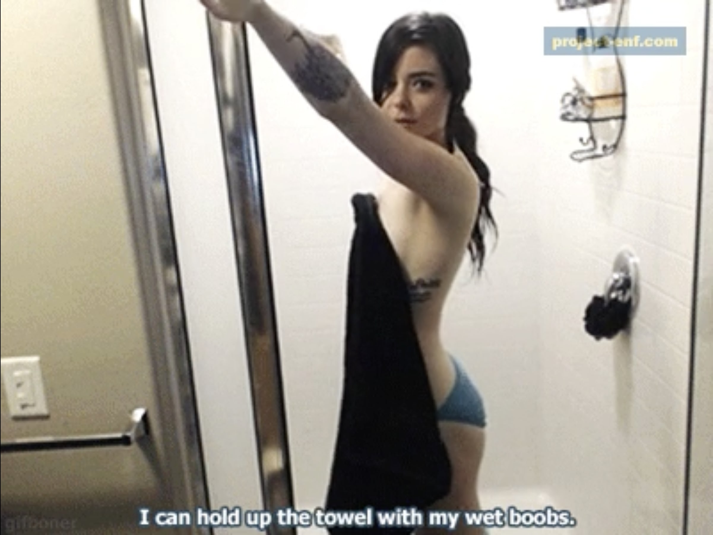 ENF girl tries holding towel up with her boobs