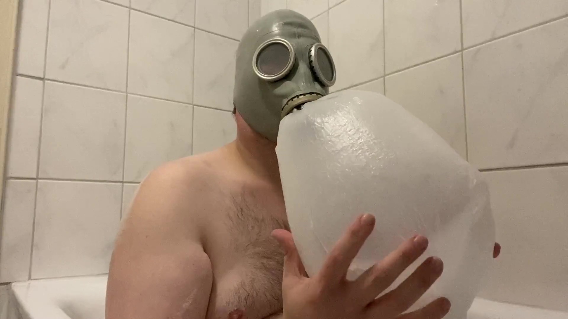 Gas Mask Breath Play-Two Cums-Bathtub