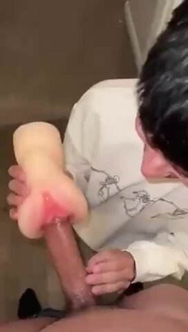 Jerking bro with his pocket pussy and sucking him off