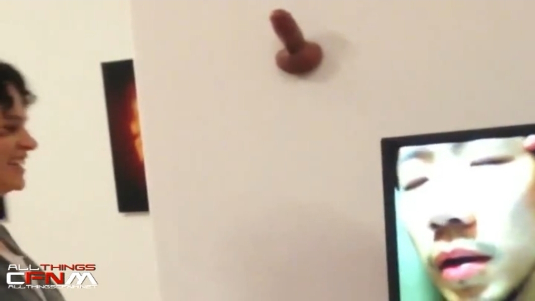 Asian exhibiting penis at art gallery and cum