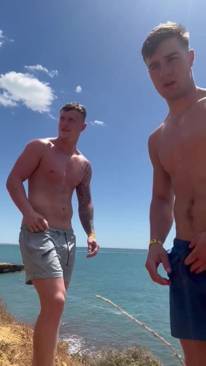 British bros flash cocks and piss at public beach