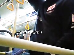 Guy jerking off and cumming on the crowded bus