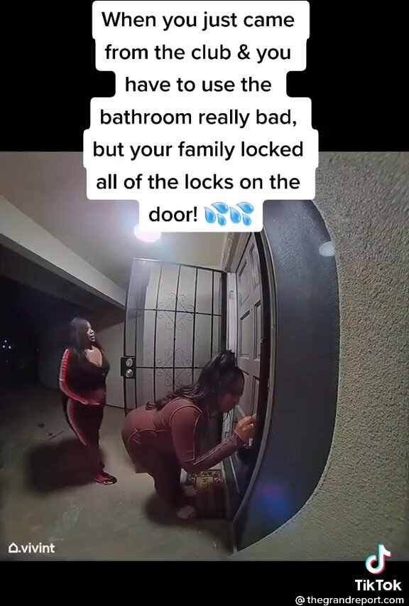 Drunk woman pees pants in front of locked door